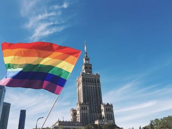 Low angle view of flags against sky