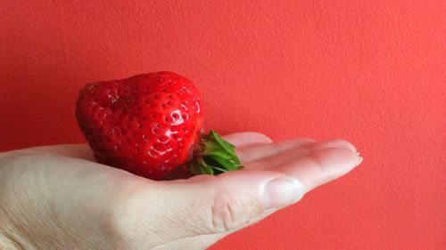 Close-up of cropped hand holding strawberry