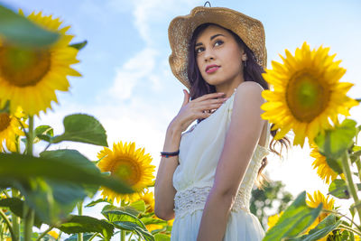 Young woman looking at sunflower