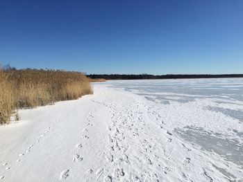 Scenic view of snow covered land against clear blue sky