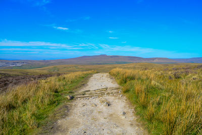 Dirt road amidst landscape against blue sky