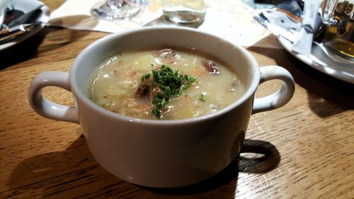 Close-up of soup in bowl on table