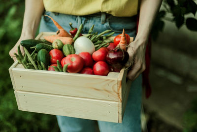 Midsection of woman holding vegetables in box