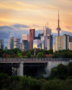 View of modern buildings against cloudy sky