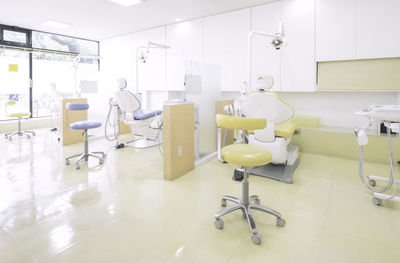 Empty chairs and tables in building