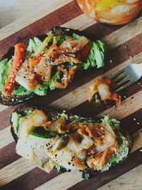 High angle view of food served on table