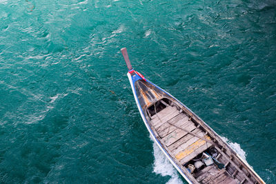 High angle view of boat sailing in sea