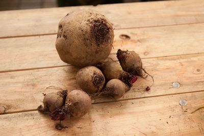 High angle view of root vegetables on table