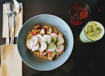 High angle view of breakfast on table