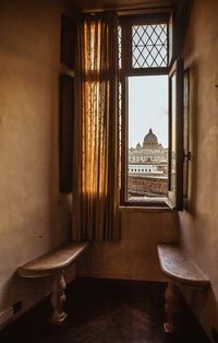 Historical building seen through window