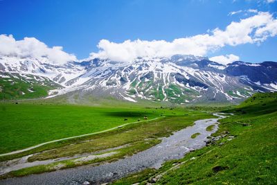 Scenic view of snowcapped mountains against sky