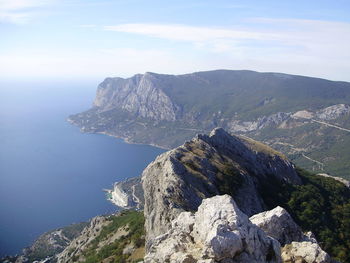 Scenic view of mountain by sea against sky