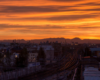 High angle view of buildings against sky during sunset