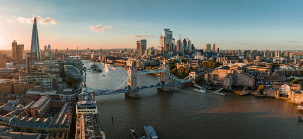 Aerial view of the london tower bridge at sunset.