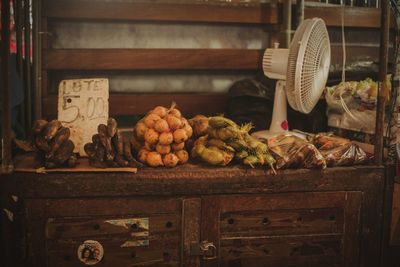 Various fruits in basket on display at store