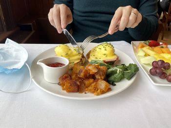 High angle view of breakfast served on table