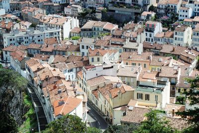 High angle view of buildings in city