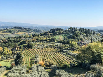 High angle view of field against clear sky