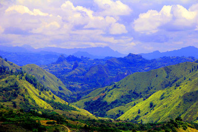 Scenic view of mountains against cloudy sky