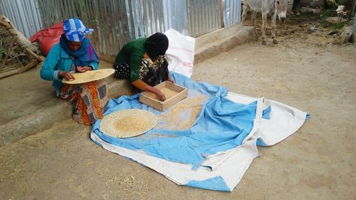 High angle view of people working