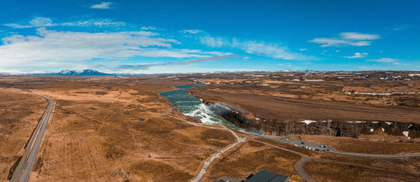 Panoramic aerial view of popular tourist destination - gullfoss waterfall.