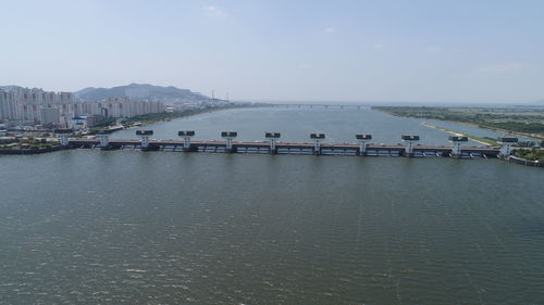 Scenic view of sea by city against sky