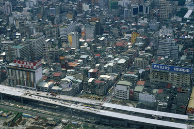 High angle view of buildings in city