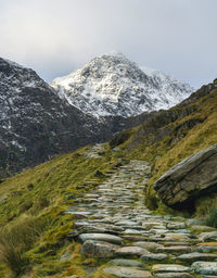 The snow-capped summit of snowdon in the snowdonia national park in north wales, uk