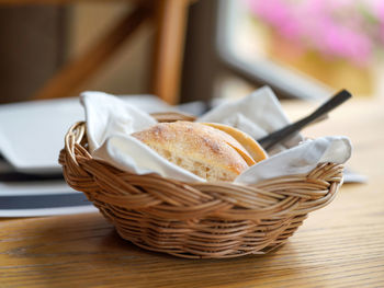 Close-up of bread in basket on table