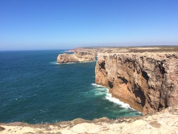 Scenic view of sea against clear blue sky