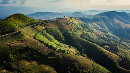 Aerial landscape view mountain paths rural road between the city at doi chang chiang rai thailand