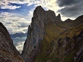 Scenic view of mountains against cloudy sky