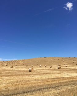 Hay bales on field against clear blue sky