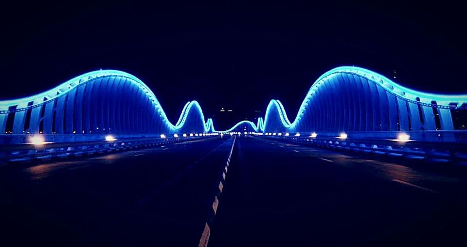 night, illuminated, light trail, clear sky, long exposure, copy space, transportation, road, city, motion, built structure, speed, architecture, connection, bridge - man made structure, modern, blue, the way forward, street light, travel destinations