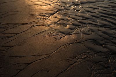 High angle view of footprints on sand at beach