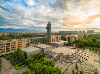 High angle view of buildings in city