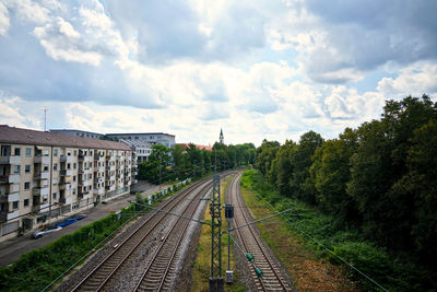 Railroad tracks amidst trees against sky