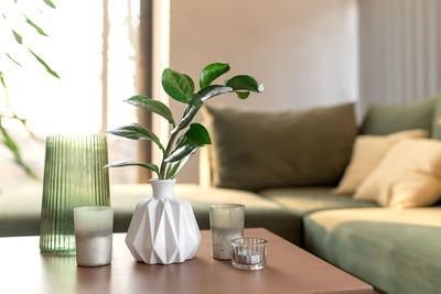 Relaxing time at comfort home with candles and vase with zamioculcas at wooden table
