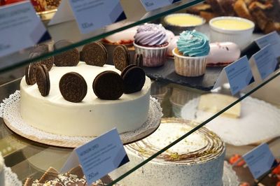 Close-up of chocolate cake for sale