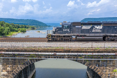 Train by sea against sky