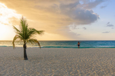 Scenic view of beach against sky during sunset