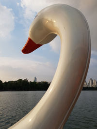 Close-up of plants by lake against sky