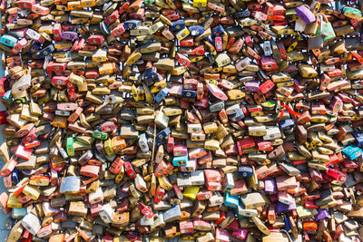 Full frame shot of padlocks on railing