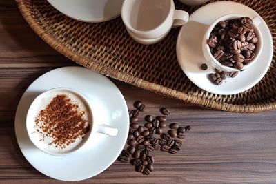 High angle view of coffee cup on table