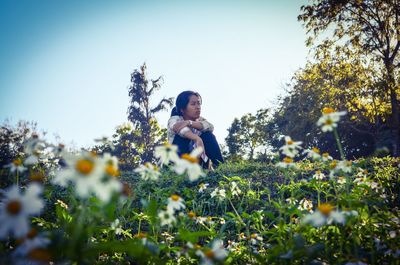 Low angle view of young woman sitting by plants against clear sky at park