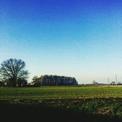 Scenic view of field against clear blue sky