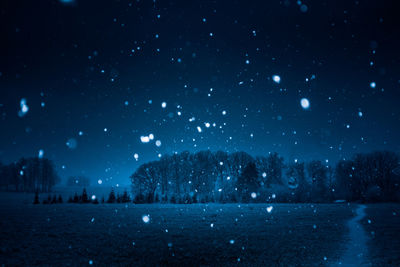 A beautiful, dark winter scenery while snowing. bright white snowflakes.