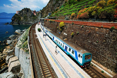 Train on railroad tracks by sea