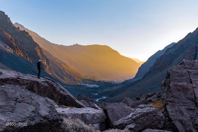 Scenic view of mountains against sky during sunset