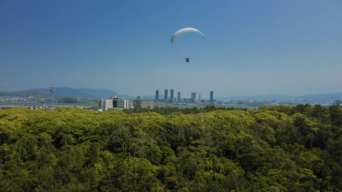 Low angle view of people paragliding against sky